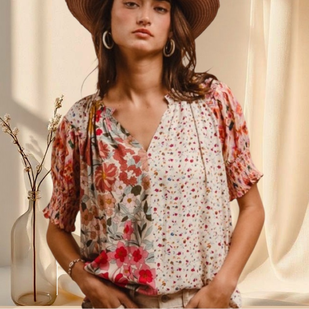 Floral Patchwork Boho Peasant Top | Smocked Sleeve Woven Blouse